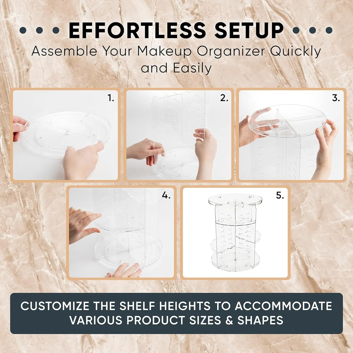 , Rotating Makeup Organizer - Adjustable Shelf Height and Fully Rotatable, the Perfect round Spinning Cosmetic Organizer for Bedroom Dresser or Vanity Countertop Storage. (Clear)