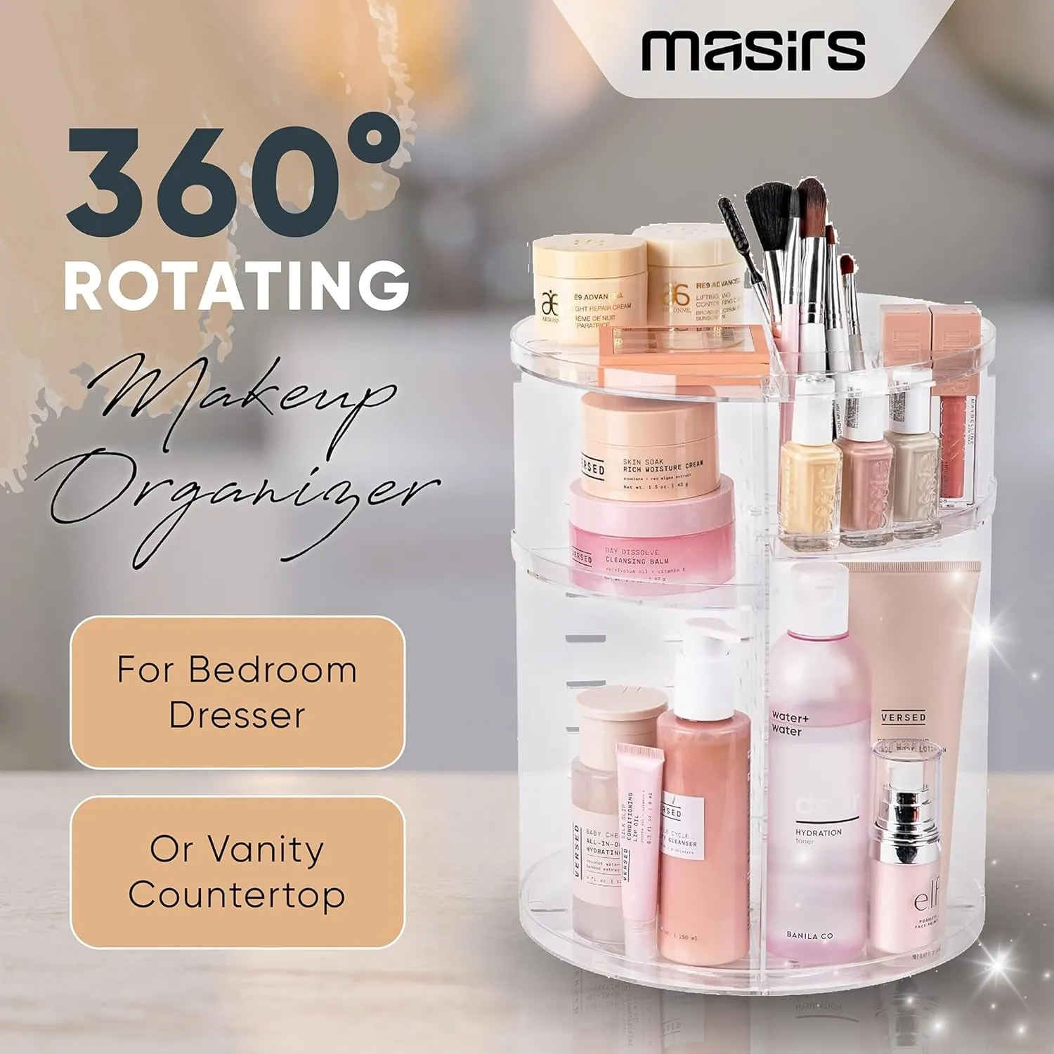 , Rotating Makeup Organizer - Adjustable Shelf Height and Fully Rotatable, the Perfect round Spinning Cosmetic Organizer for Bedroom Dresser or Vanity Countertop Storage. (Clear)