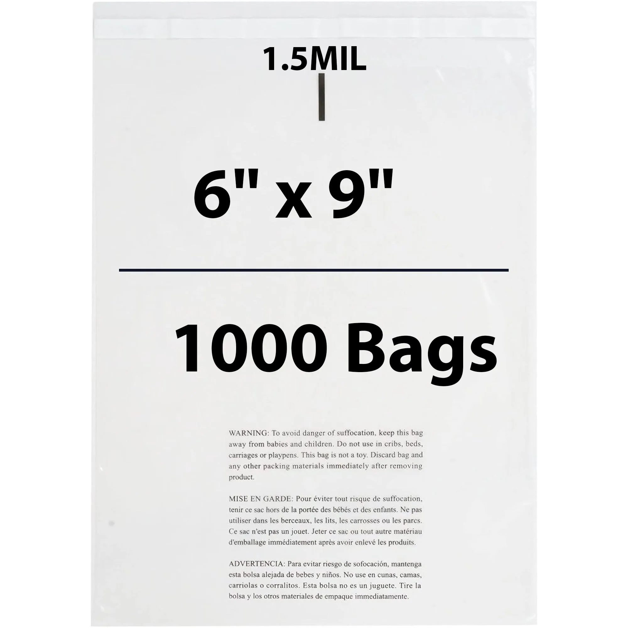6X9 Inches Poly Bags With Suffocation Warning  1.5 Mil Lip and Tape