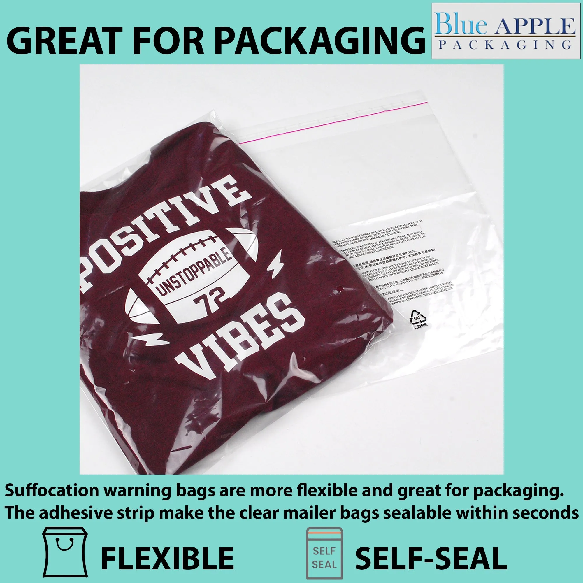 6X9 Inches Poly Bags With Suffocation Warning  1.5 Mil Lip and Tape