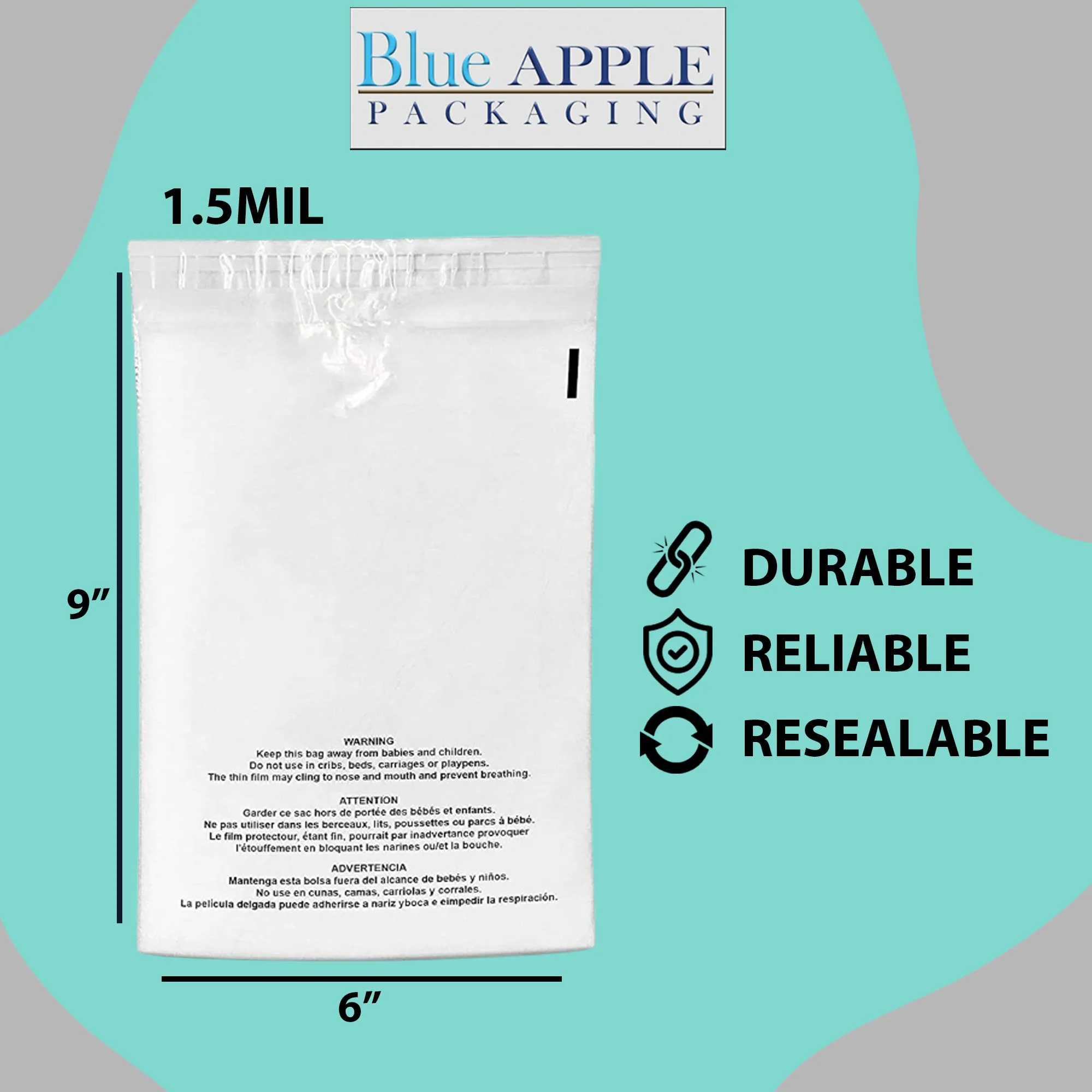 6X9 Inches Poly Bags With Suffocation Warning  1.5 Mil Lip and Tape