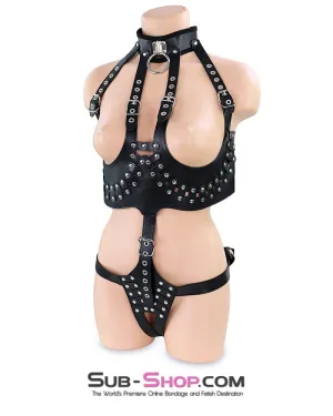 7243MQ      Riveting Slave Open Breast Leatherette Body Harness with Leash