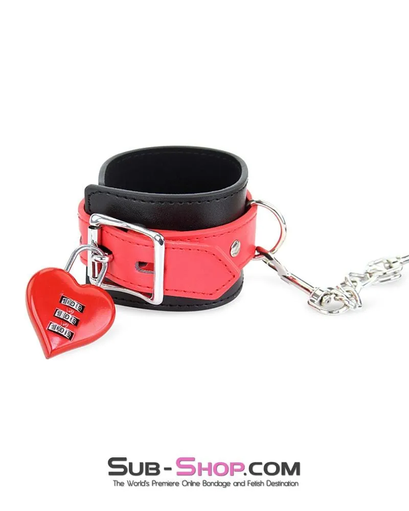 9028MQ      Locking Black Wrist Bondage Cuffs with Red Strap & Connection Chain - LAST CHANCE - Final Closeout!