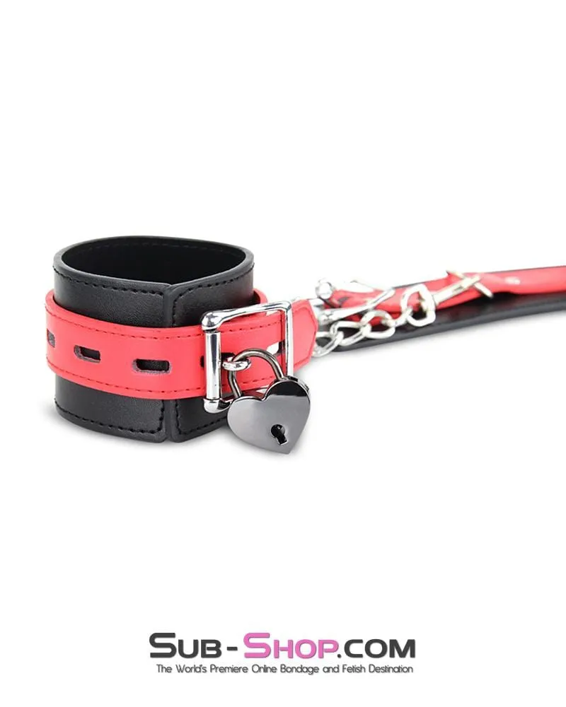 9028MQ      Locking Black Wrist Bondage Cuffs with Red Strap & Connection Chain - LAST CHANCE - Final Closeout!
