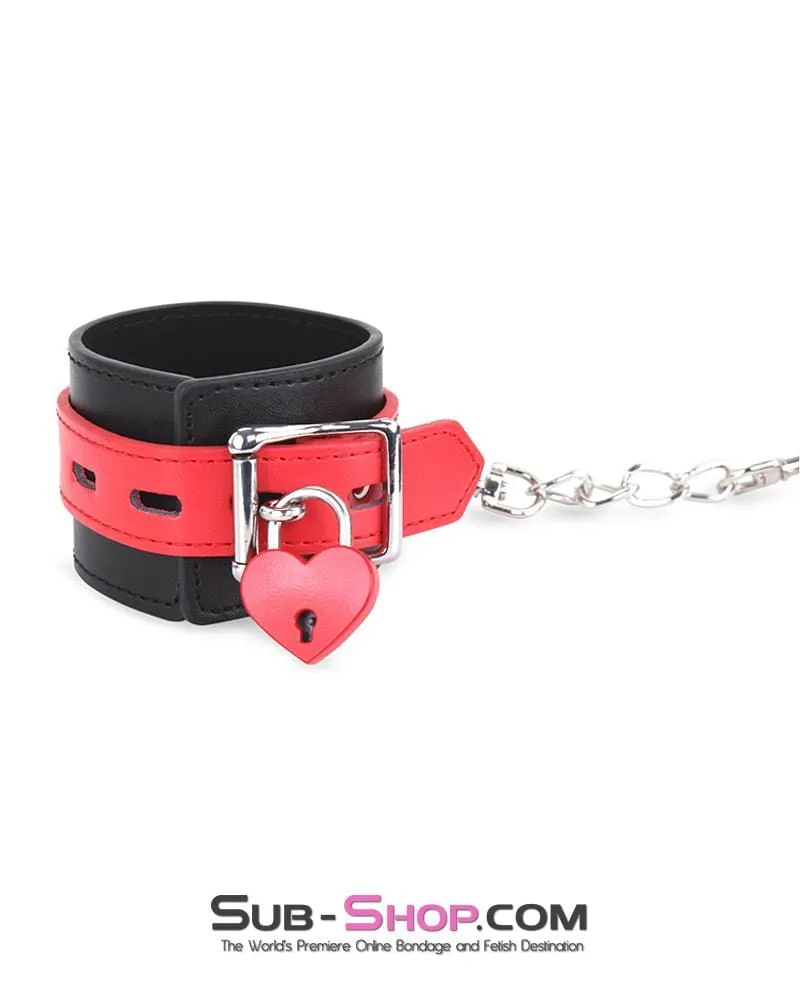 9028MQ      Locking Black Wrist Bondage Cuffs with Red Strap & Connection Chain - LAST CHANCE - Final Closeout!