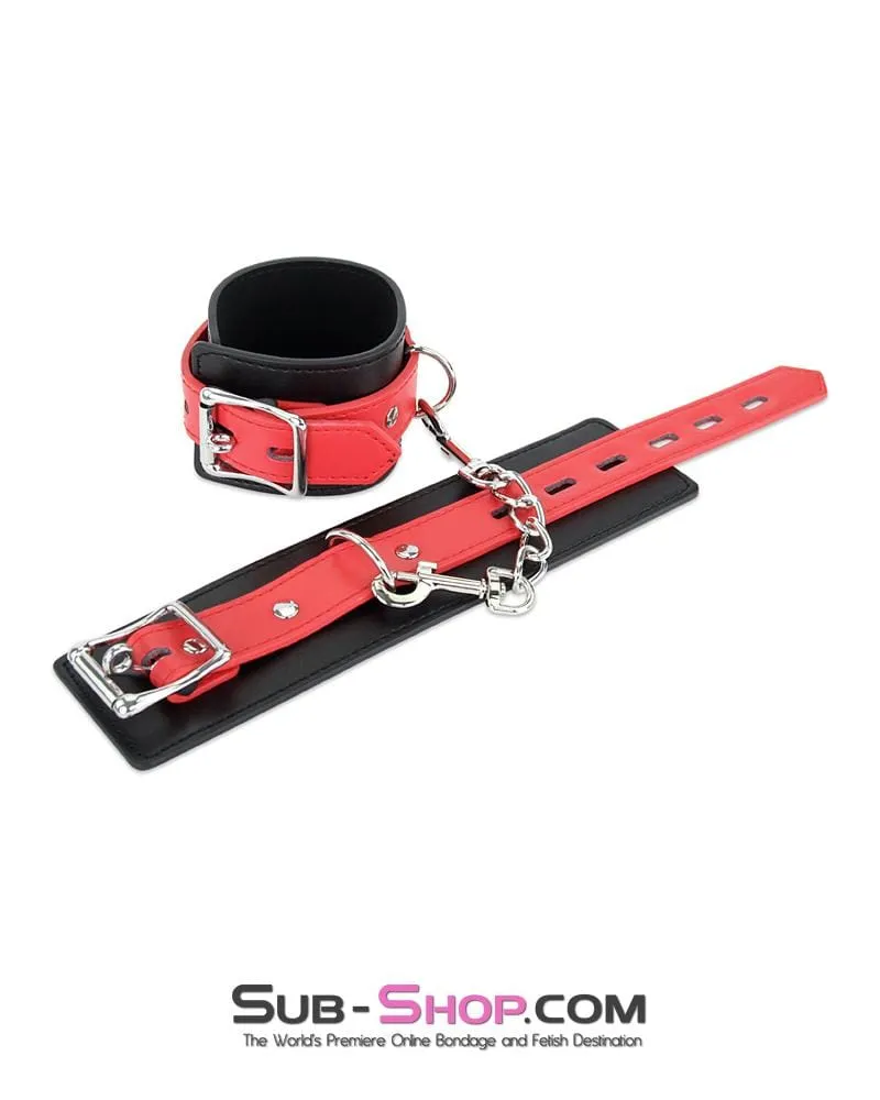 9028MQ      Locking Black Wrist Bondage Cuffs with Red Strap & Connection Chain - LAST CHANCE - Final Closeout!