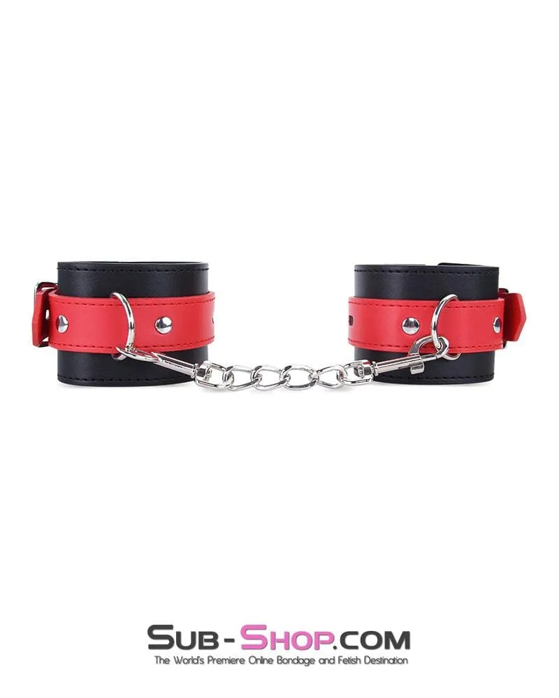 9029MQ      Locking Black Ankle Bondage Cuffs with Red Strap & Connection Chain - LAST CHANCE - Final Closeout!