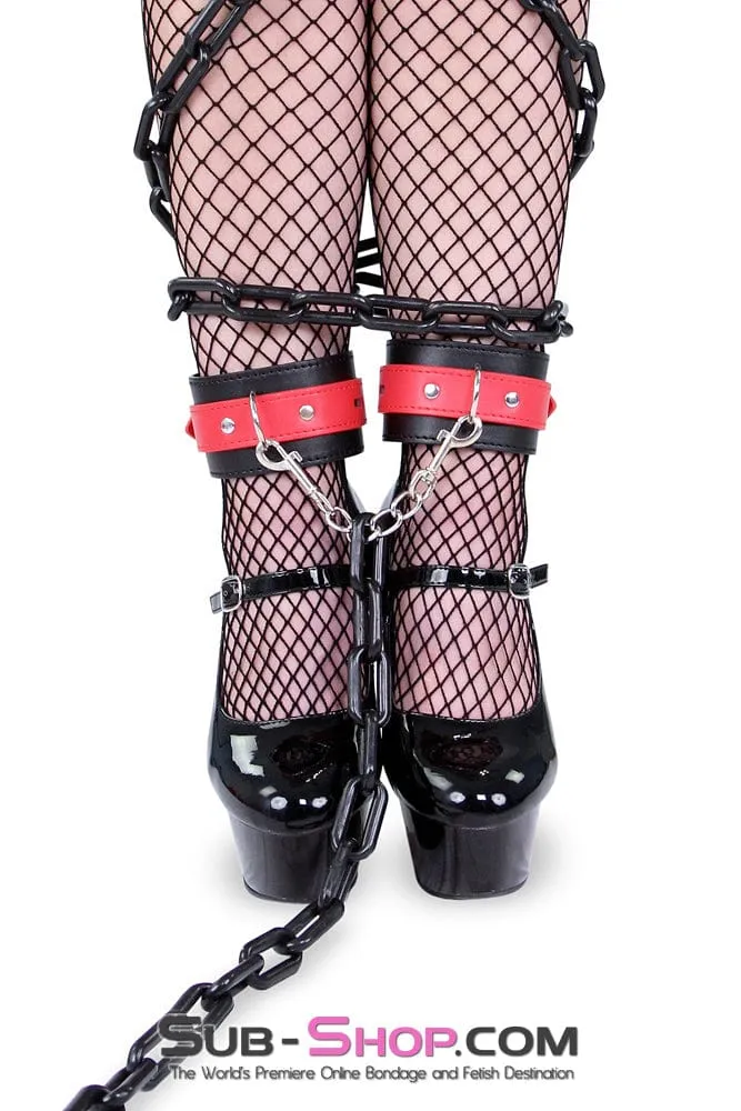 9029MQ      Locking Black Ankle Bondage Cuffs with Red Strap & Connection Chain - LAST CHANCE - Final Closeout!