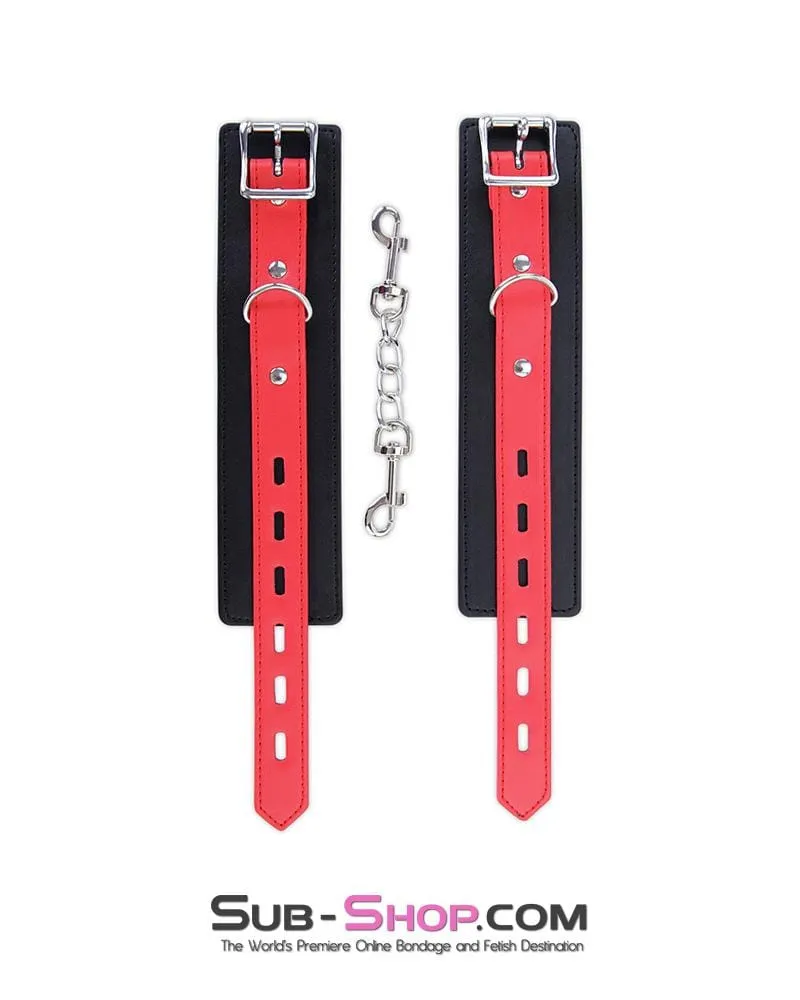 9029MQ      Locking Black Ankle Bondage Cuffs with Red Strap & Connection Chain - LAST CHANCE - Final Closeout!