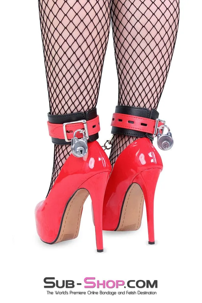 9029MQ      Locking Black Ankle Bondage Cuffs with Red Strap & Connection Chain - LAST CHANCE - Final Closeout!