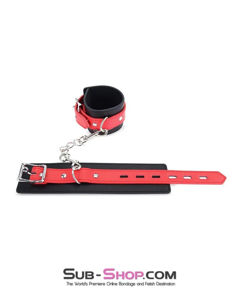 9029MQ      Locking Black Ankle Bondage Cuffs with Red Strap & Connection Chain - LAST CHANCE - Final Closeout!