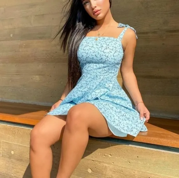 &quot;OG&quot; Blue floral print mini dress with adjustable straps square neckline