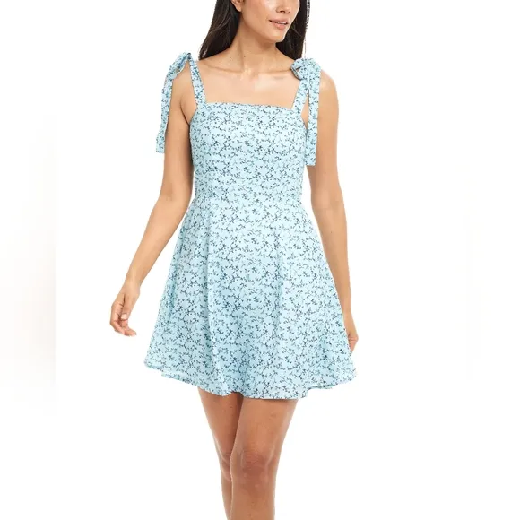 &quot;OG&quot; Blue floral print mini dress with adjustable straps square neckline