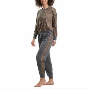 Anthropologie Splendid S Lively Leopard Gray PJ Lounge Crewneck &amp; Jogger Set