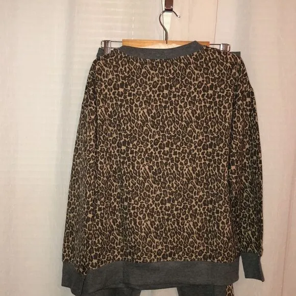 Anthropologie Splendid S Lively Leopard Gray PJ Lounge Crewneck &amp; Jogger Set