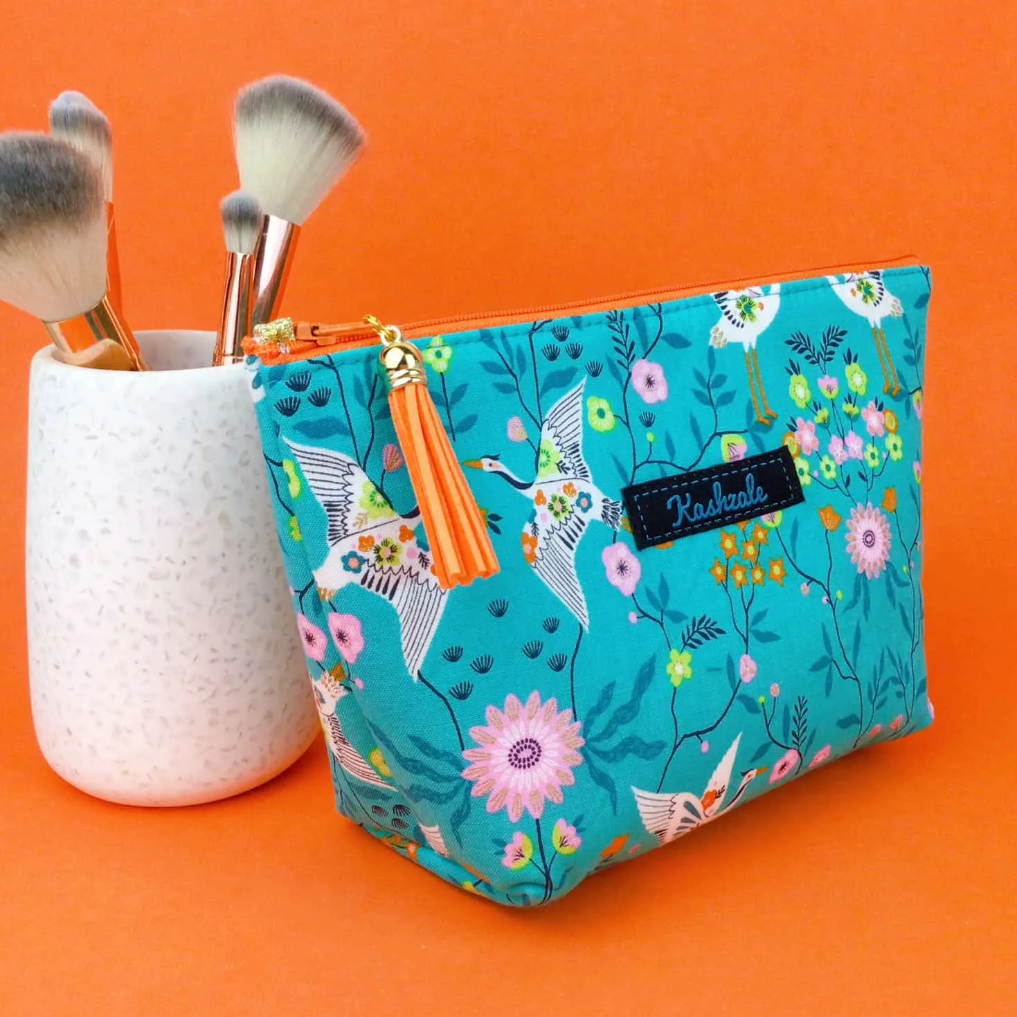 Aqua Cranes Medium Cosmetic Bag. Aqua Cosmetic Bags