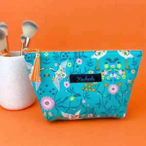 Aqua Cranes Medium Cosmetic Bag. Aqua Cosmetic Bags