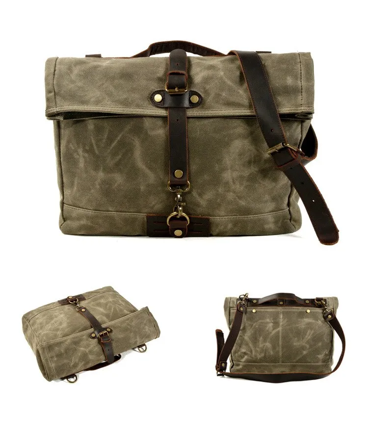 Armada Canvas Messenger Bag Biker Bag, Army Green/Brown/Gray, 14 inches