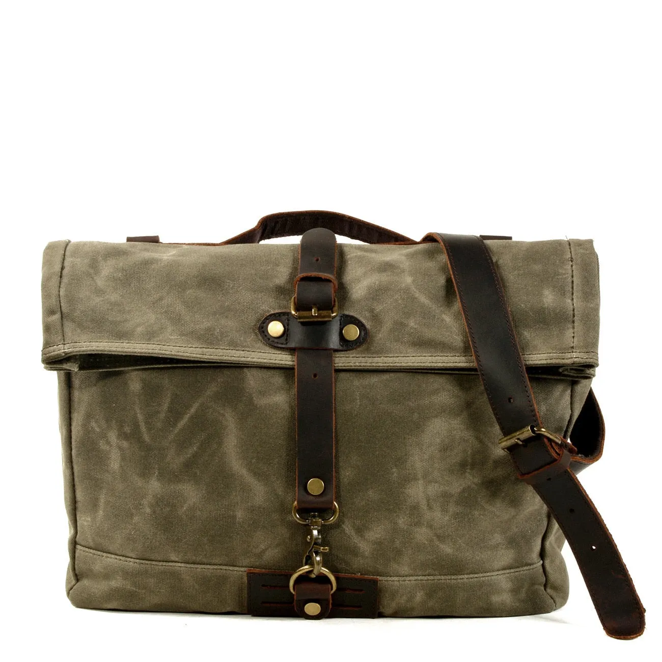 Armada Canvas Messenger Bag Biker Bag, Army Green/Brown/Gray, 14 inches