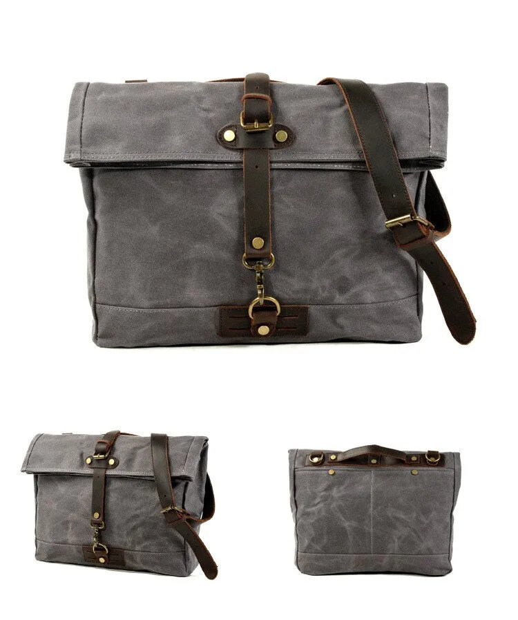 Armada Canvas Messenger Bag Biker Bag, Army Green/Brown/Gray, 14 inches