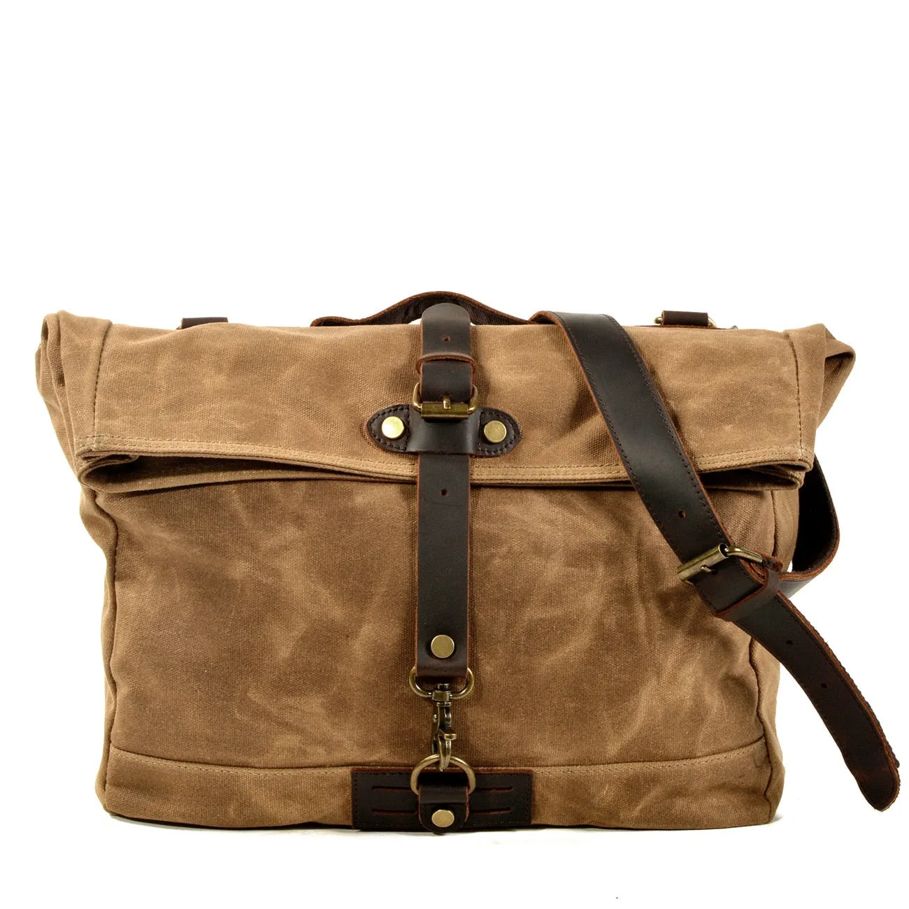 Armada Canvas Messenger Bag Biker Bag, Army Green/Brown/Gray, 14 inches