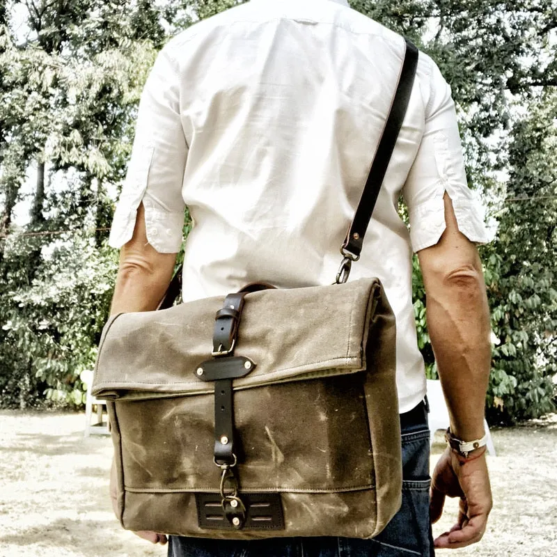 Armada Canvas Messenger Bag Biker Bag, Army Green/Brown/Gray, 14 inches