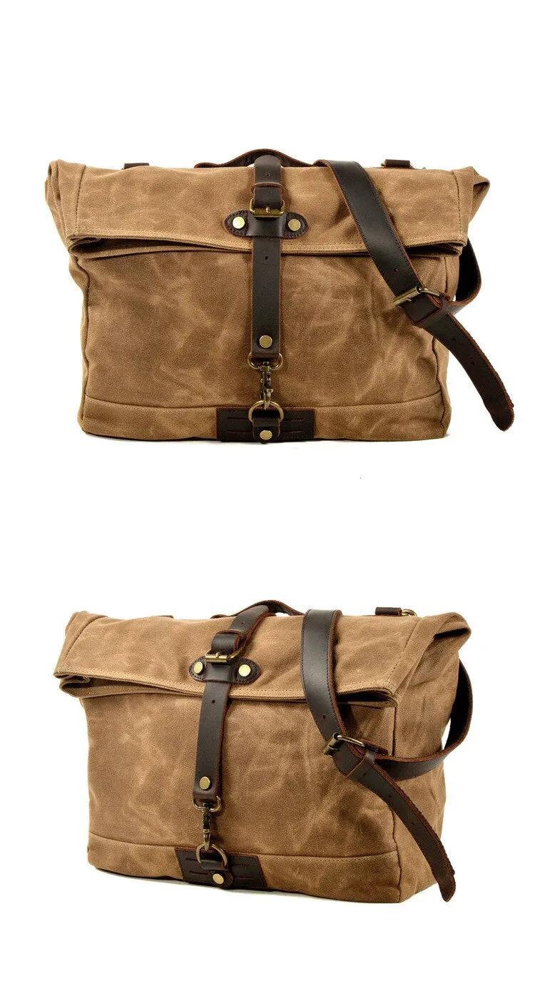 Armada Canvas Messenger Bag Biker Bag, Army Green/Brown/Gray, 14 inches
