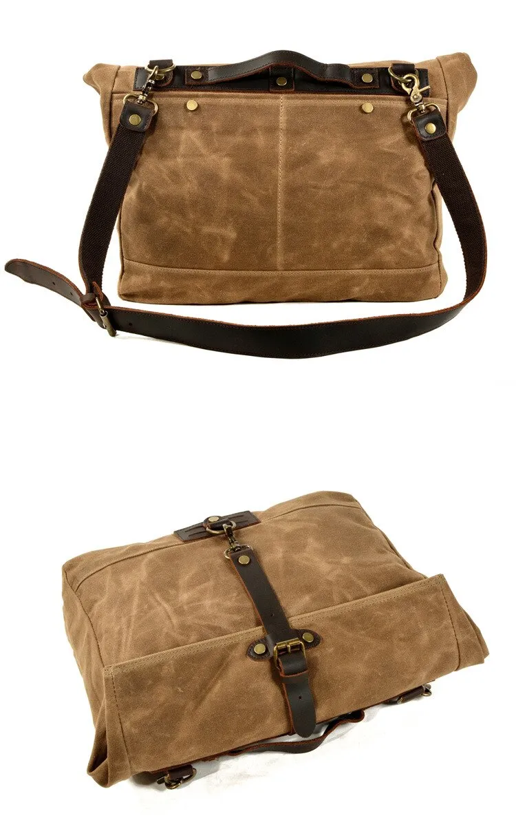 Armada Canvas Messenger Bag Biker Bag, Army Green/Brown/Gray, 14 inches