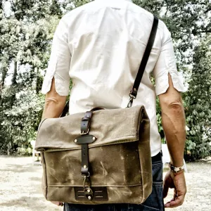 Armada Canvas Messenger Bag Biker Bag, Army Green/Brown/Gray, 14 inches
