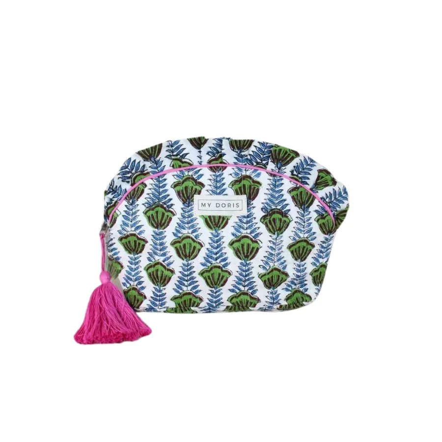 Block Print Cosmetic Bag -Green & Blue Medium