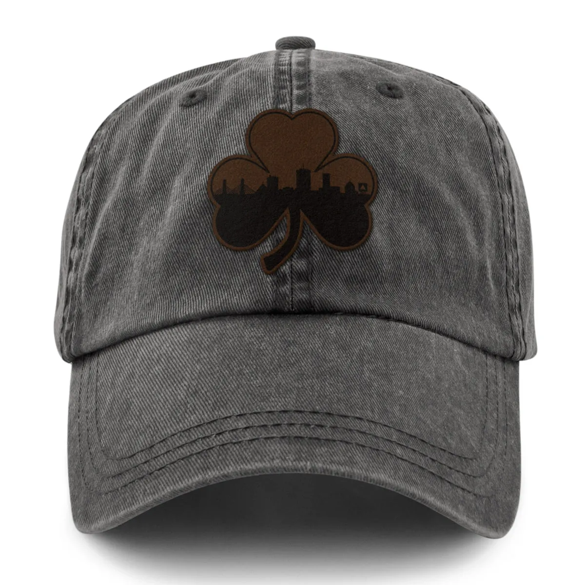 Boston Shamrock Skyline Leather Patch Washed Dad Hat