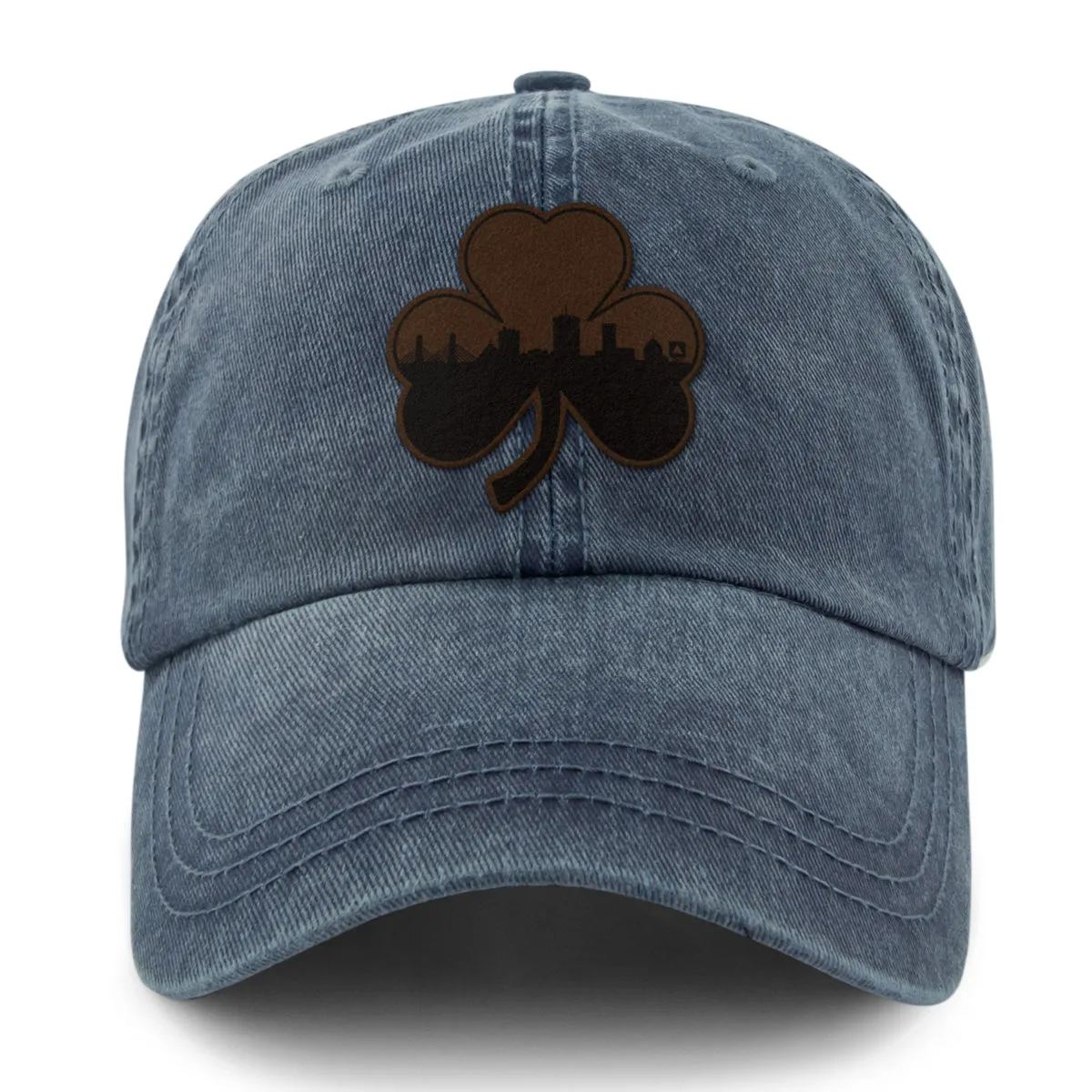Boston Shamrock Skyline Leather Patch Washed Dad Hat
