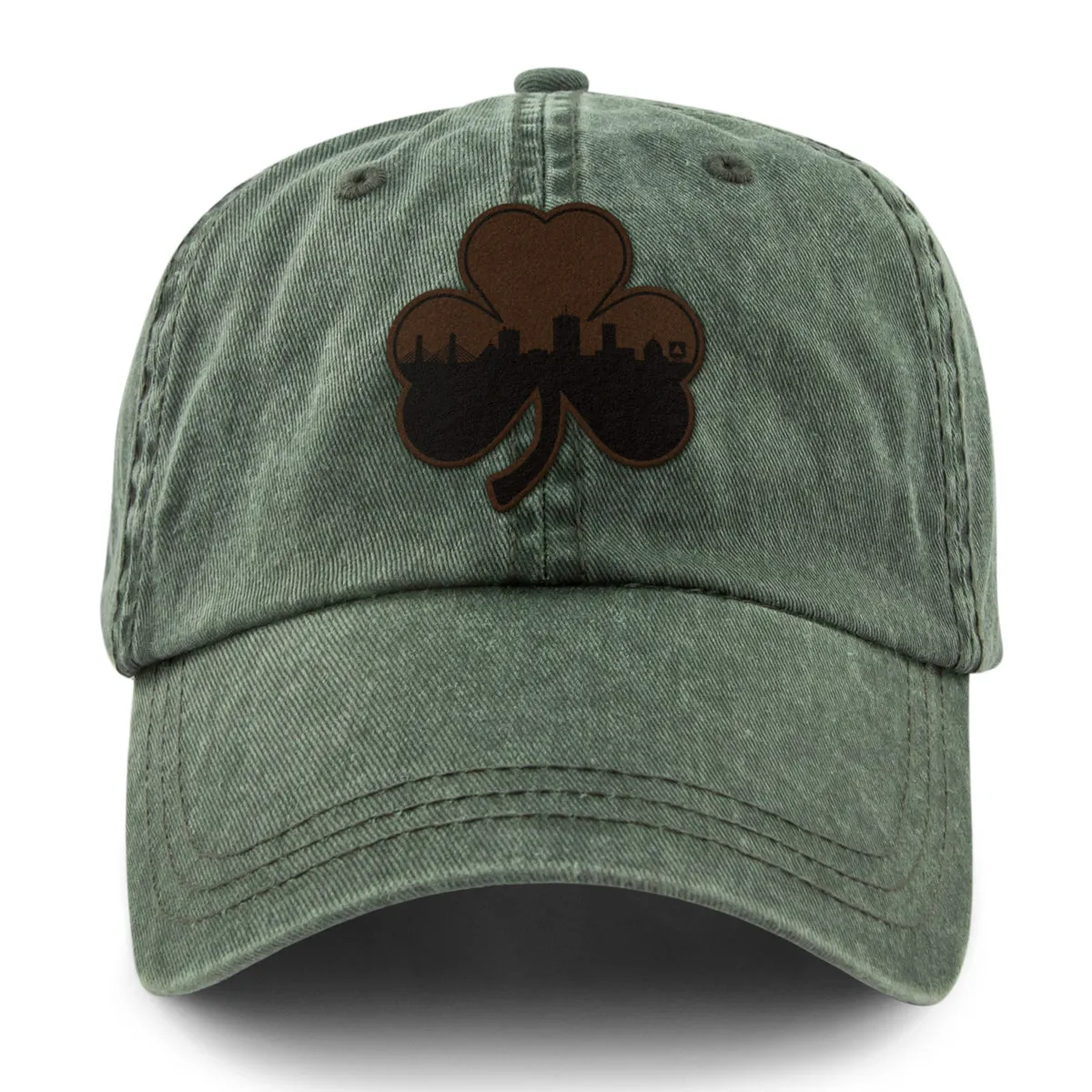 Boston Shamrock Skyline Leather Patch Washed Dad Hat