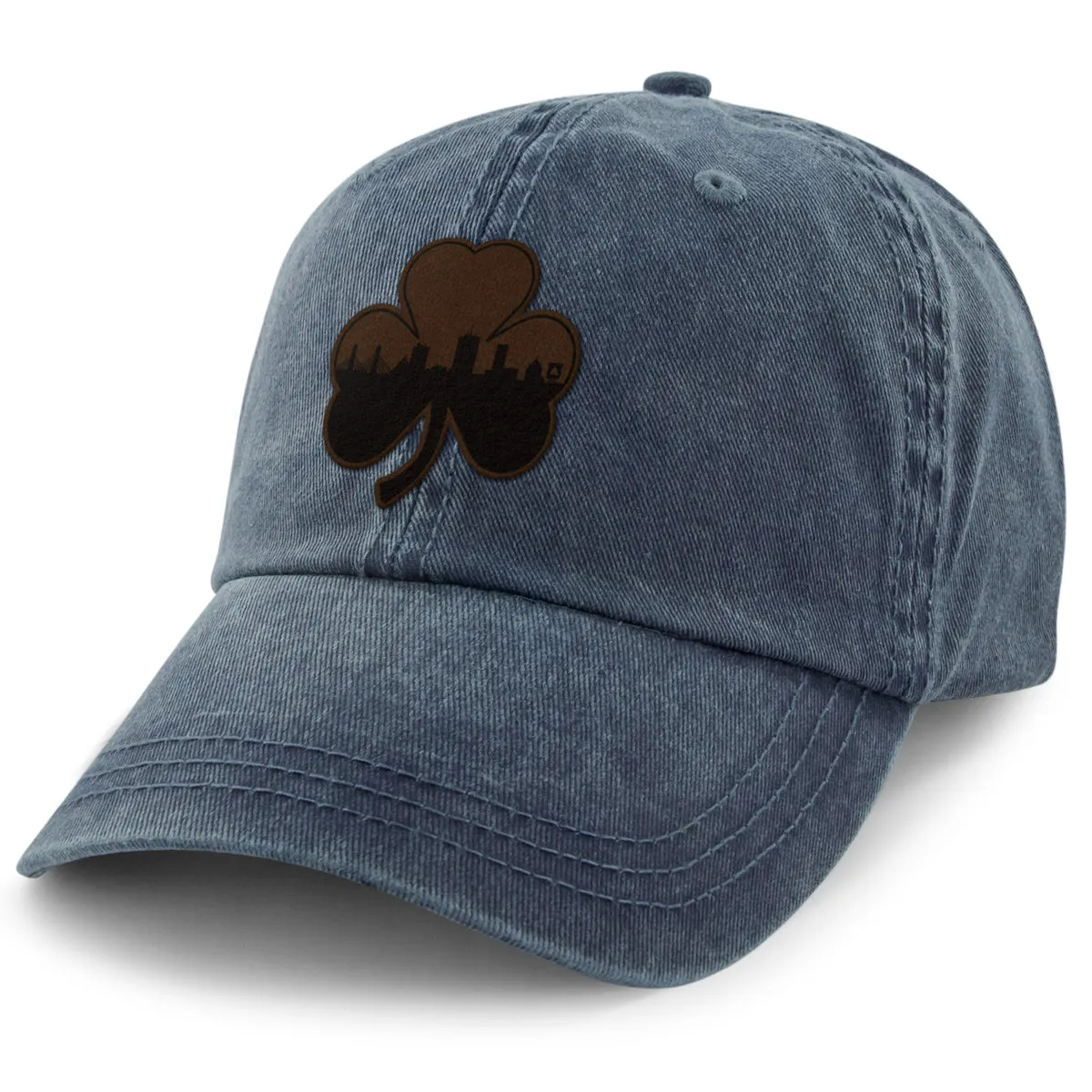 Boston Shamrock Skyline Leather Patch Washed Dad Hat