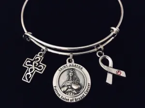 Breast Cancer Survivor Jewelry Saint Agatha Charm Bracelet Adjustable Expandable Silver Bangle One Size Fits All Gift St Agatha Breast Cancer Awareness Pink Awareness Ribbon Filigree Cross