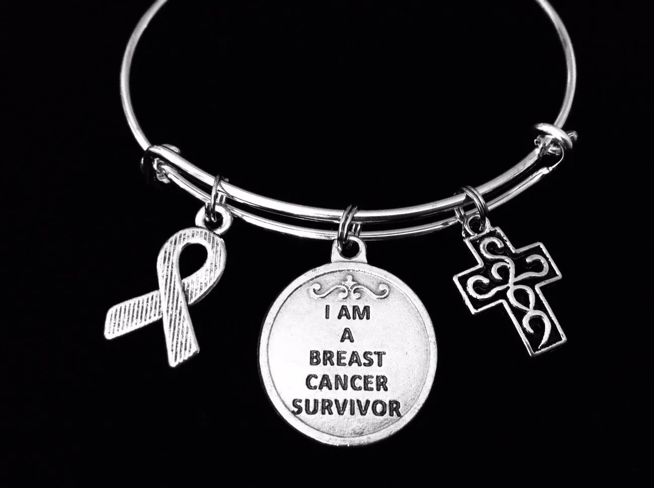 Breast Cancer Survivor Jewelry Saint Agatha Charm Bracelet Adjustable Expandable Silver Bangle One Size Fits All Gift St Agatha Breast Cancer Awareness Pink Awareness Ribbon Filigree Cross