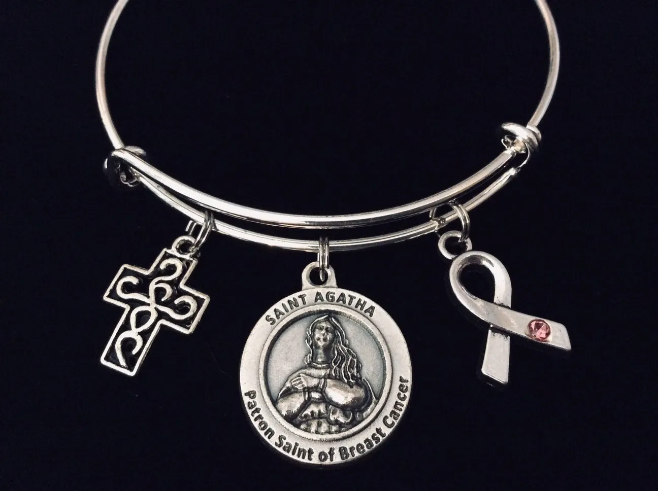 Breast Cancer Survivor Jewelry Saint Agatha Charm Bracelet Adjustable Expandable Silver Bangle One Size Fits All Gift St Agatha Breast Cancer Awareness Pink Awareness Ribbon Filigree Cross