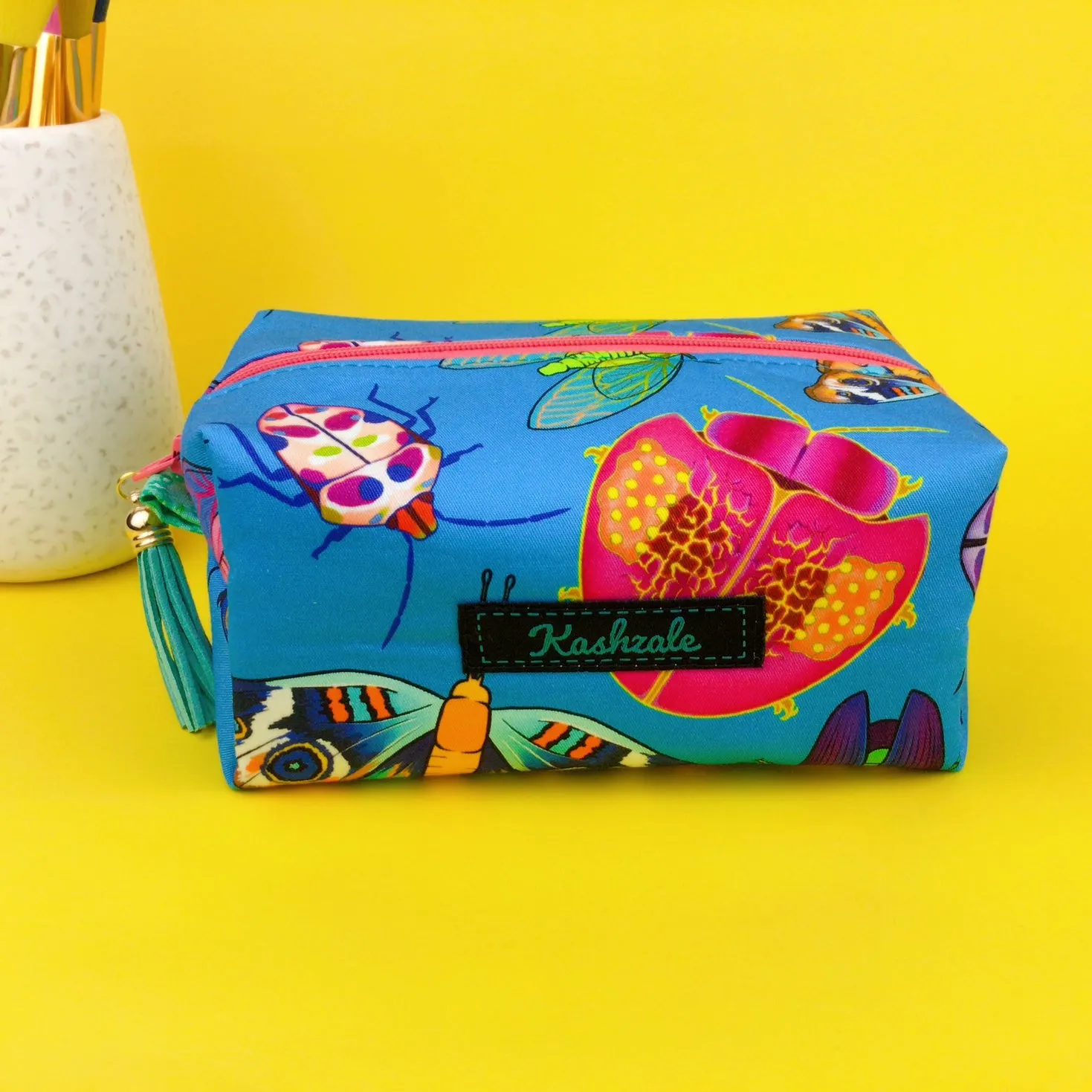 Buggin Blue Medium Box Makeup Bag. Kasey Rainbow Design.