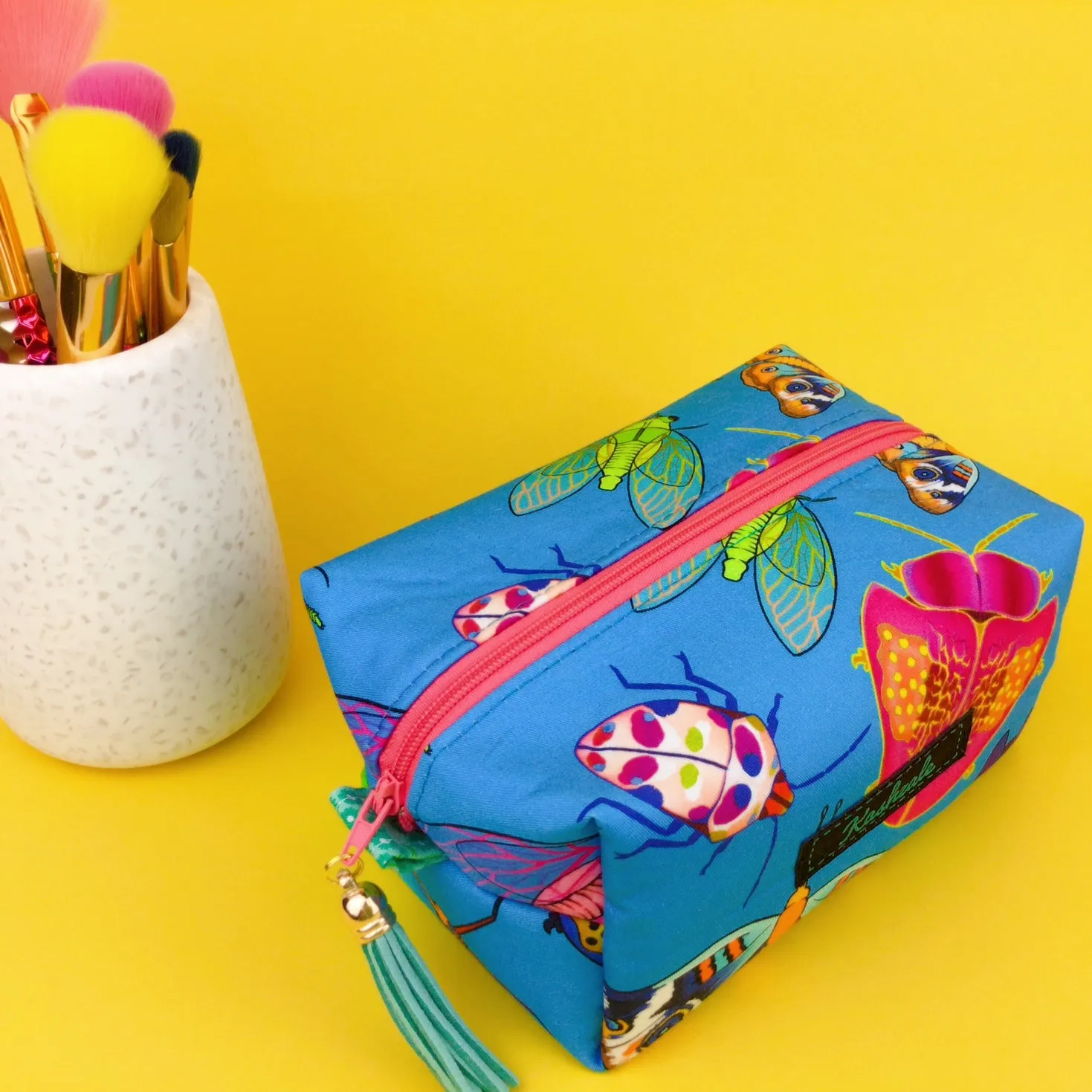 Buggin Blue Medium Box Makeup Bag. Kasey Rainbow Design.