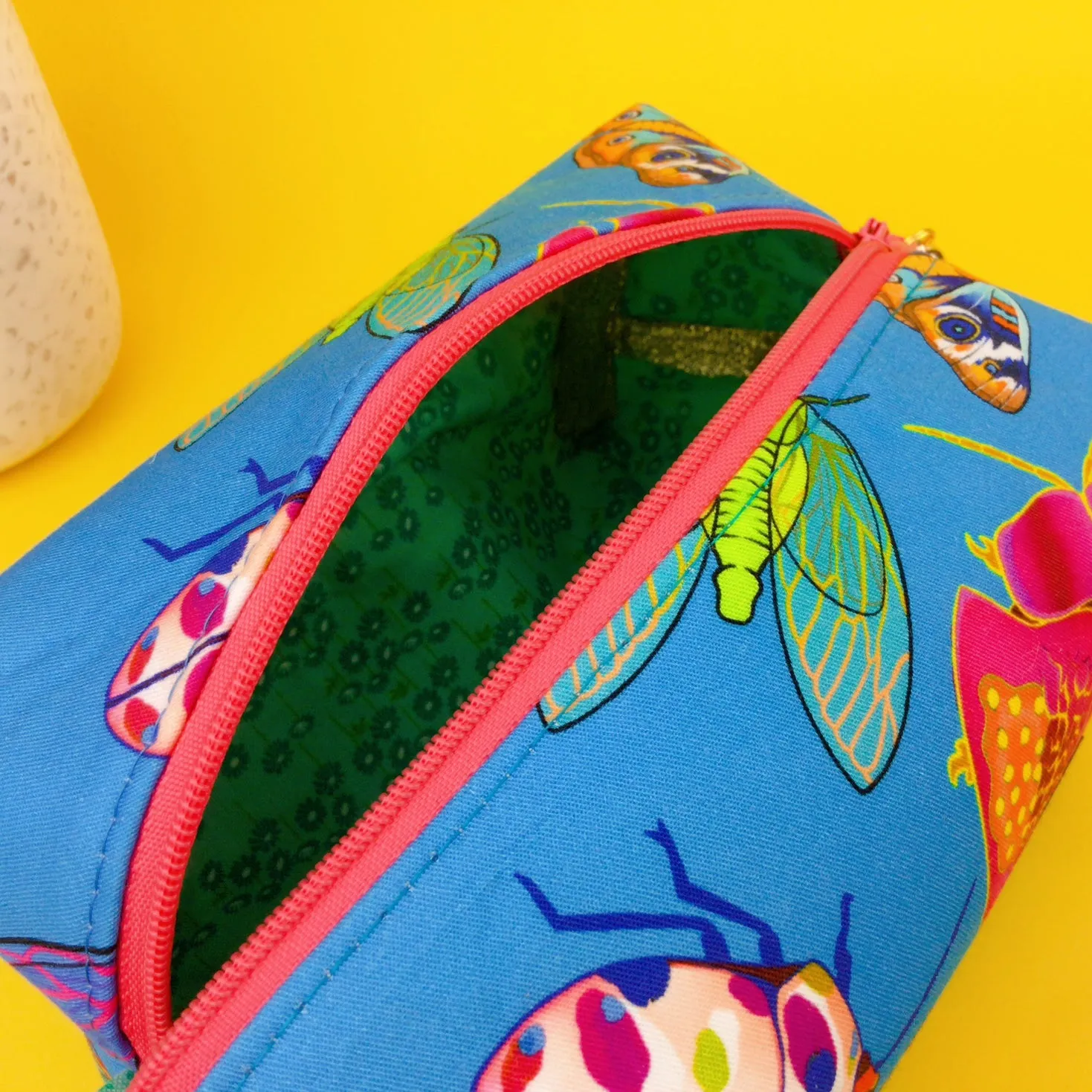 Buggin Blue Medium Box Makeup Bag. Kasey Rainbow Design.