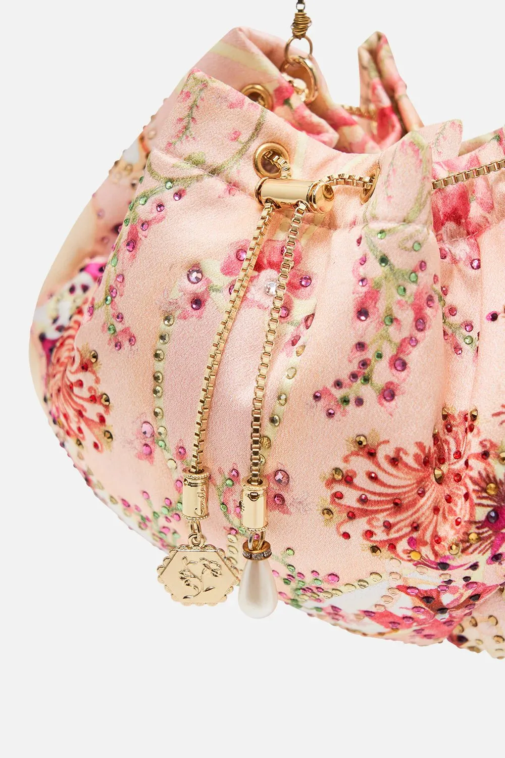 Camilla Drawstring Pouch With Chain Strap Blossoms And Brushstrokes