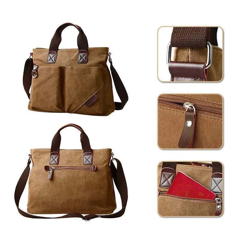 Canvas Briefcase Messenger Bag 13 inches Laptop Carrying Bag - Coyote