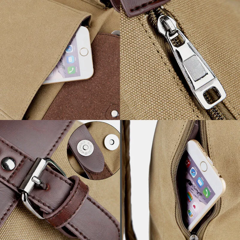 Casual Men Canvas Large Capacity Side Zipper Pocket Backpack 15.6 Inch