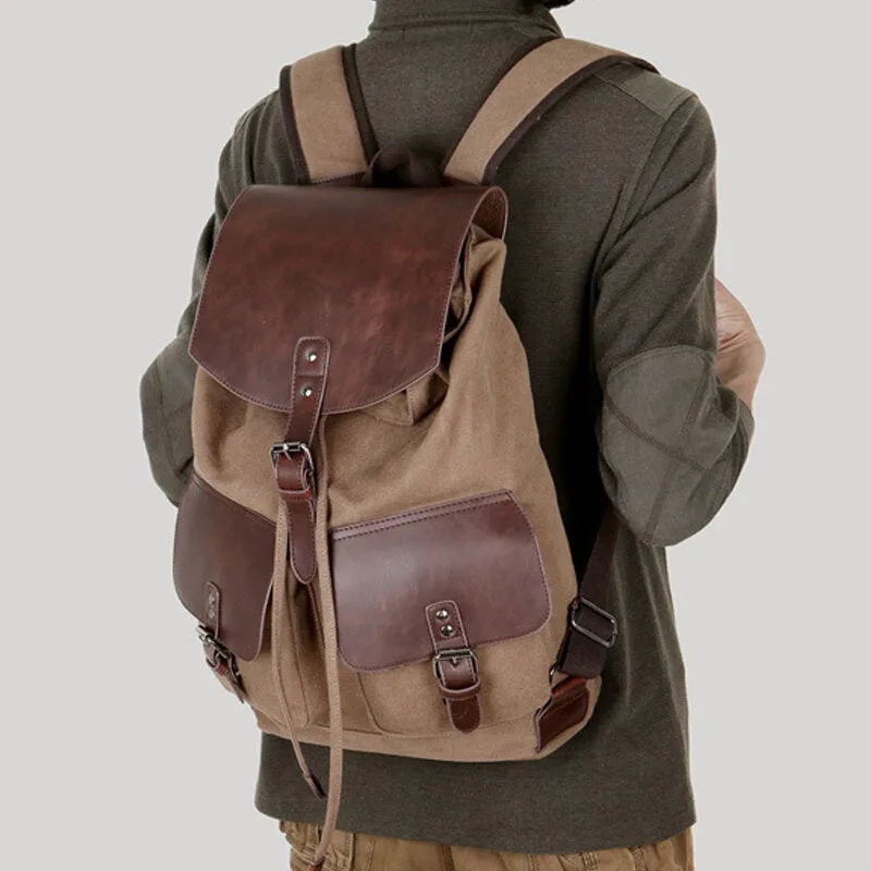 Casual Men Canvas Large Capacity Side Zipper Pocket Backpack 15.6 Inch