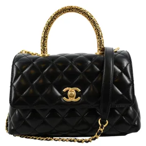 CHANEL Coco Mini Top Metal Handle Lambskin Leather Shoulder Bag Black