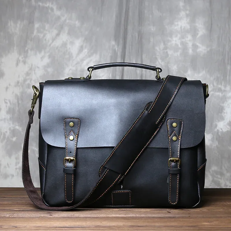 Chase Leather Briefcase Messenger Bag, Black/Brown/Dark Brown, 14 inches