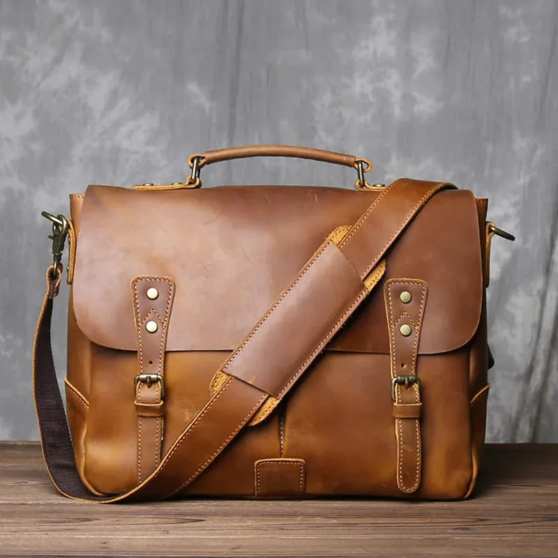 Chase Leather Briefcase Messenger Bag, Black/Brown/Dark Brown, 14 inches