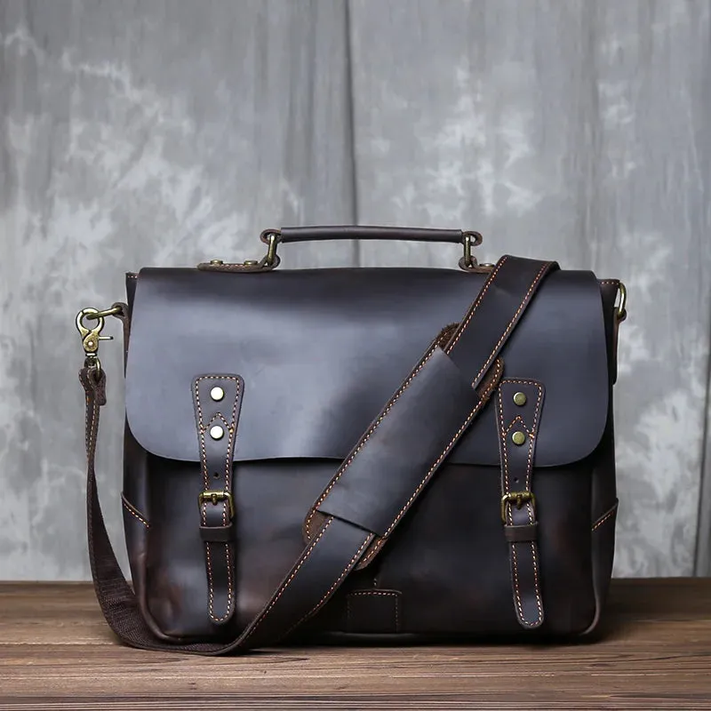 Chase Leather Briefcase Messenger Bag, Black/Brown/Dark Brown, 14 inches