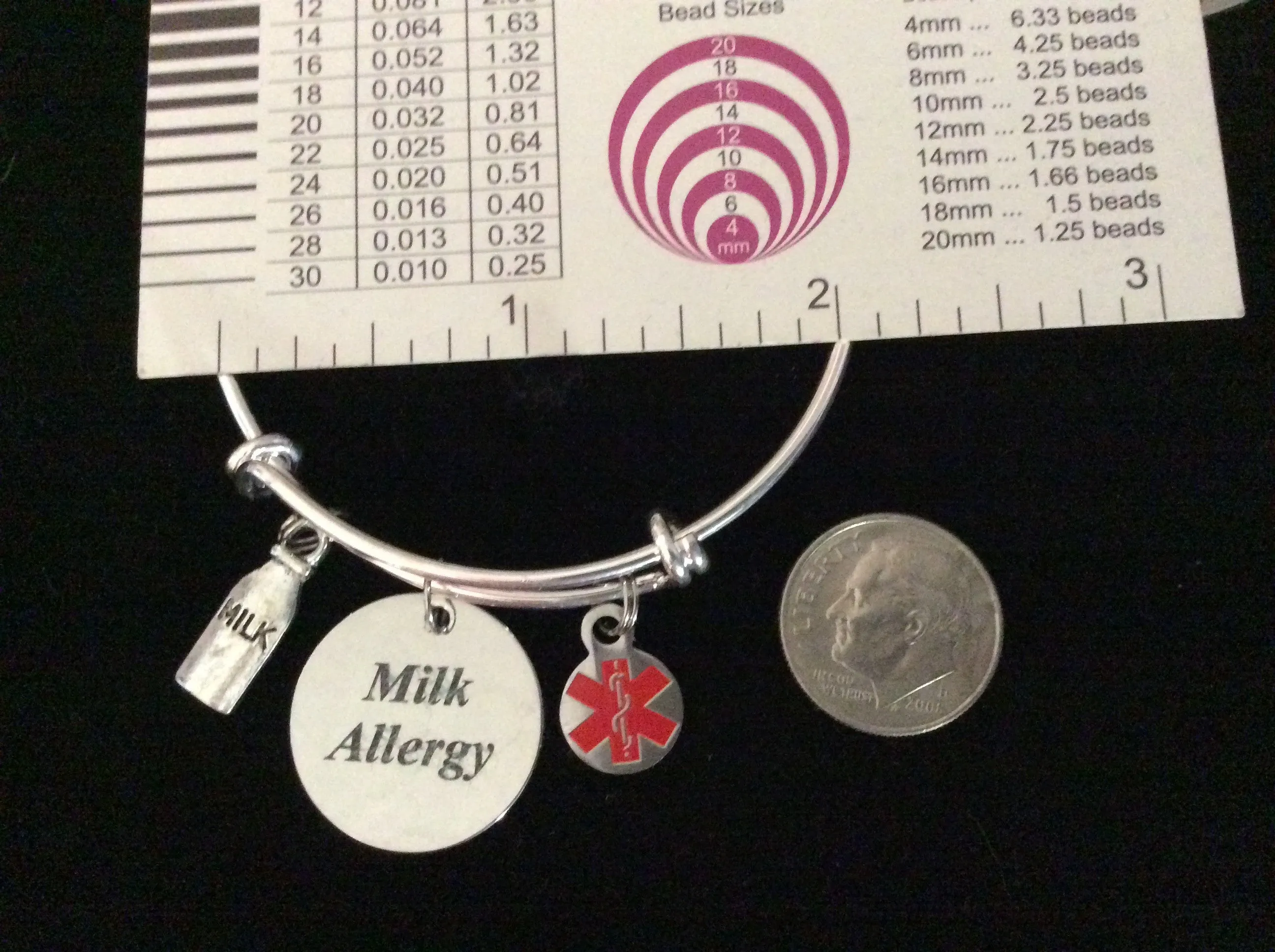 Children's Milk Allergy Medical Alert Expandable Charm Bracelet Silver Adjustable Bangle Gift