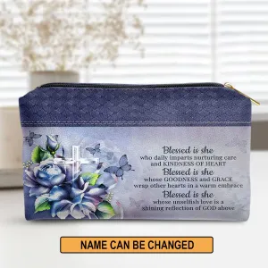 Christianartbag Makeup Cosmetic Bag, Blessed Is She Who Daily Imparts Nurturing Care And Kindness Of Heart, Christmas Gift, Personalized Leather Cosmetic Bag.